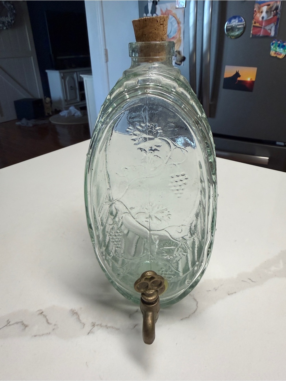 Clear Glass Grape Embossed Wine Barrel Dispenser with Brass Spigot